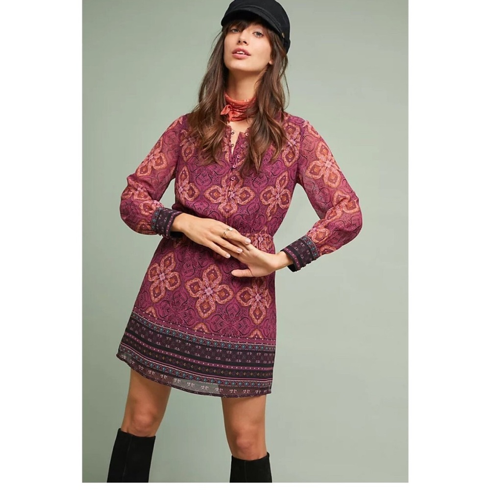 Maeve Meredith printed mini dress in maroon women's XS boho western hippie - Picture 2 of 10
